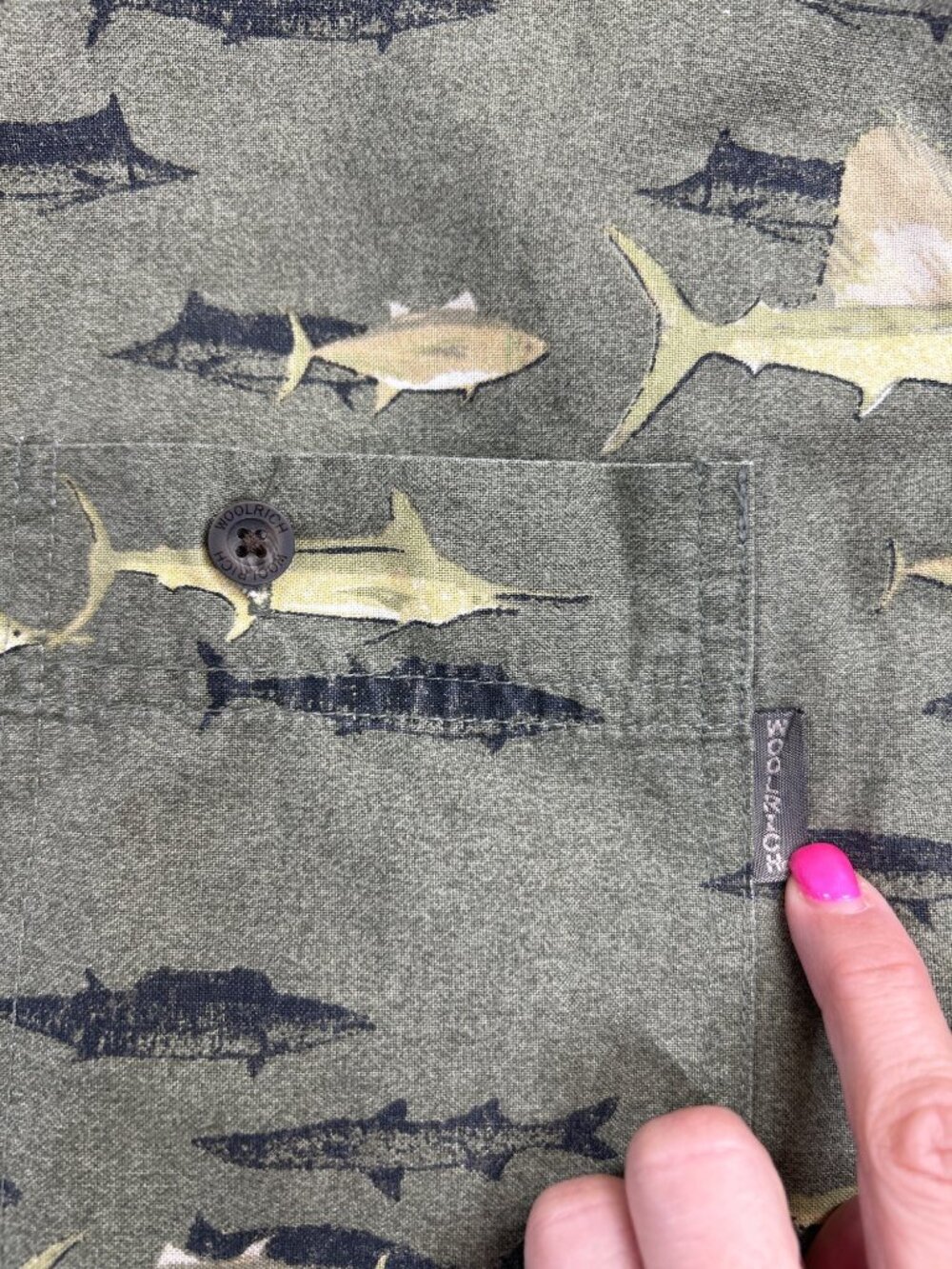 Vtg Woolrich Sz 2XL Fish Print Button Up Shirt Long Sleeve Green Coastal Retro - Picture 5 of 9